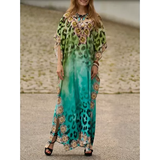 Leopard Printed Split-side Batwing Sleeves Loose V-neck Maxi Dresses Beach Cover-Up