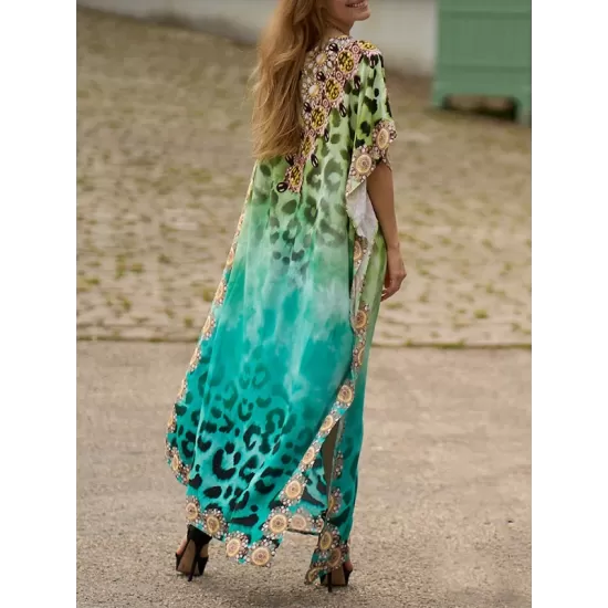 Leopard Printed Split-side Batwing Sleeves Loose V-neck Maxi Dresses Beach Cover-Up