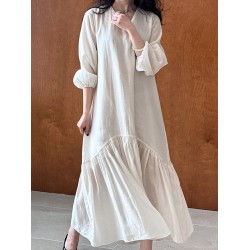 Elasticity Pleated Solid Color Split-Joint Zipper High Waisted Long Sleeves V-Neck Midi Dresses