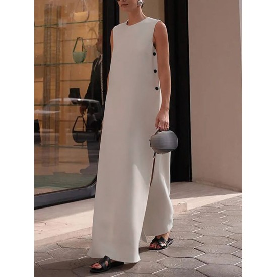 Loose Sleeveless Solid Color Split-Side Round-Neck Maxi Dresses