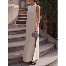 Loose Sleeveless Solid Color Split-Side Round-Neck Maxi Dresses