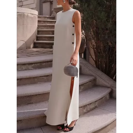 Loose Sleeveless Solid Color Split-Side Round-Neck Maxi Dresses