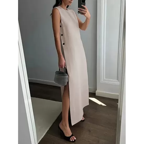 Loose Sleeveless Solid Color Split-Side Round-Neck Maxi Dresses