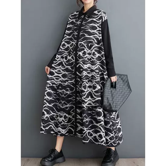 Buttoned Contrast Color Printed A-Line Long Sleeves Lapel Shirt Dress Midi Dresses