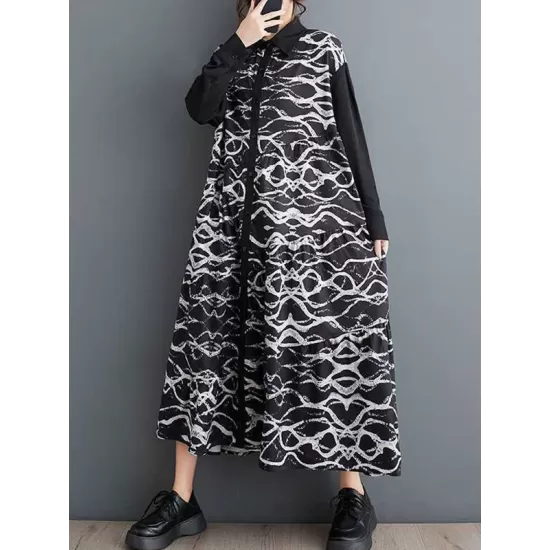 Buttoned Contrast Color Printed A-Line Long Sleeves Lapel Shirt Dress Midi Dresses