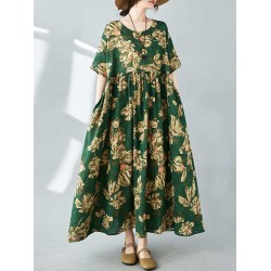 Flower Print Pleated Pockets Half Sleeves Loose Round-neck Midi Dresses