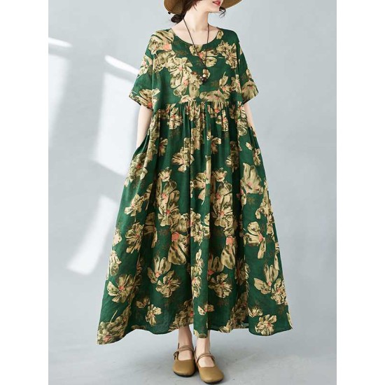 Flower Print Pleated Pockets Half Sleeves Loose Round-neck Midi Dresses