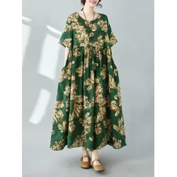 Flower Print Pleated Pockets Half Sleeves Loose Round-neck Midi Dresses