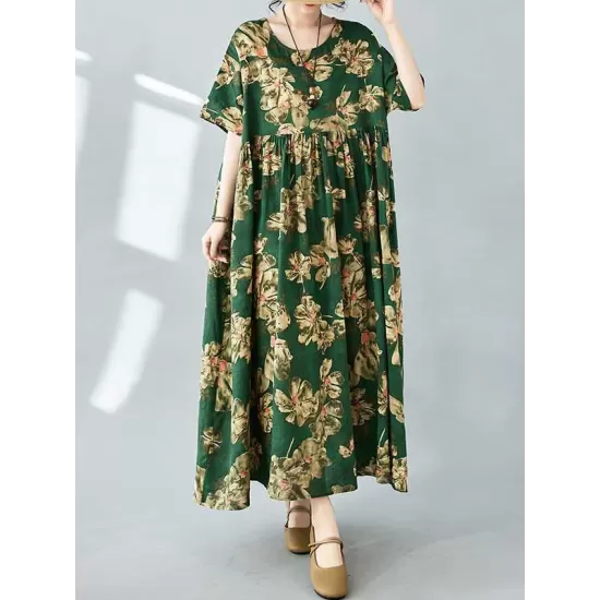 Flower Print Pleated Pockets Half Sleeves Loose Round-neck Midi Dresses