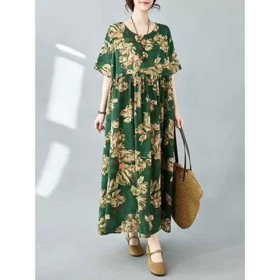 Flower Print Pleated Pockets Half Sleeves Loose Round-neck Midi Dresses