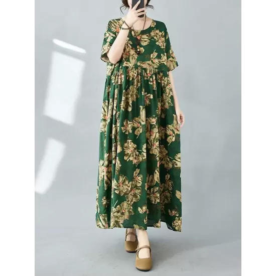 Flower Print Pleated Pockets Half Sleeves Loose Round-neck Midi Dresses