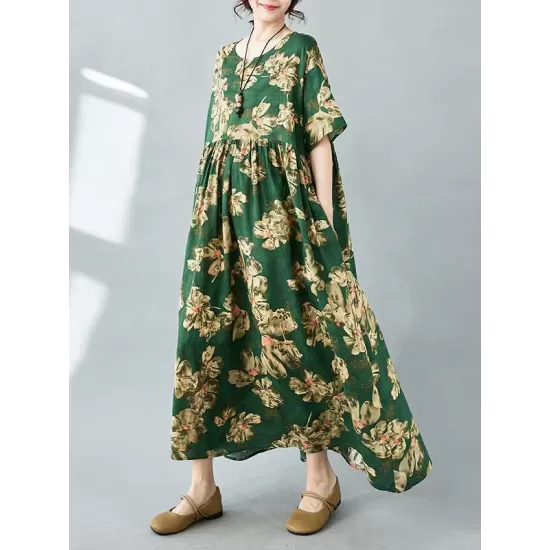 Flower Print Pleated Pockets Half Sleeves Loose Round-neck Midi Dresses