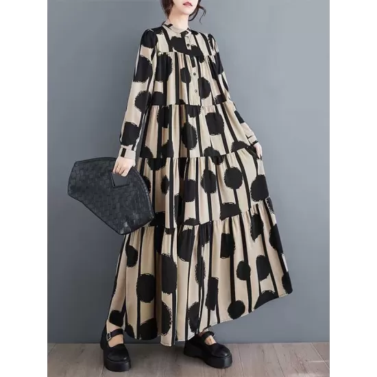 Buttoned Pleated Polka-Dot Split-Joint A-Line Long Sleeves Stand Collar Shirt Dress Maxi Dresses