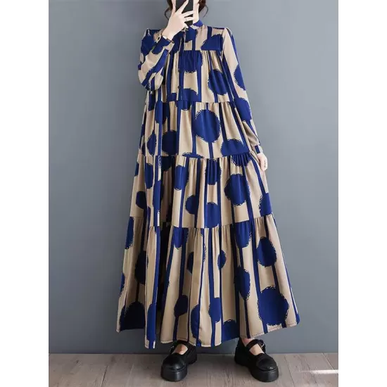 Buttoned Pleated Polka-Dot Split-Joint A-Line Long Sleeves Stand Collar Shirt Dress Maxi Dresses