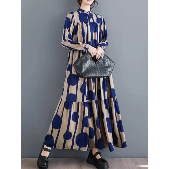 Buttoned Pleated Polka-Dot Split-Joint A-Line Long Sleeves Stand Collar Shirt Dress Maxi Dresses