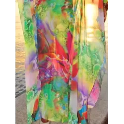 Batwing Sleeves Loose Printed See-Through Split-Joint V-Neck Cover-Ups Maxi Dresses