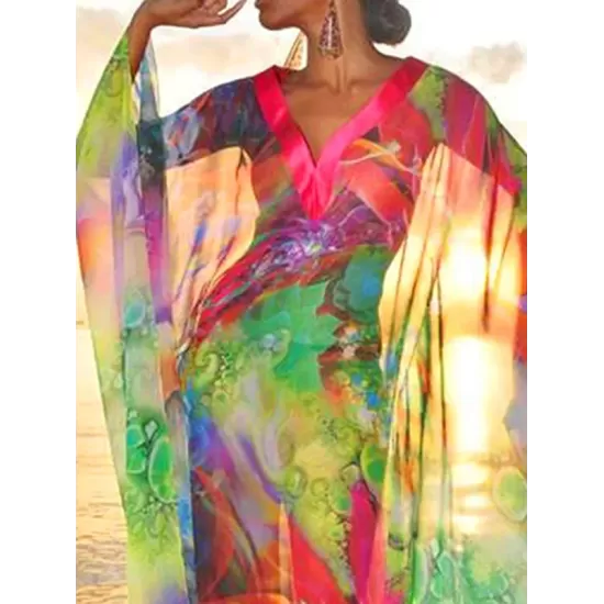 Batwing Sleeves Loose Printed See-Through Split-Joint V-Neck Cover-Ups Maxi Dresses