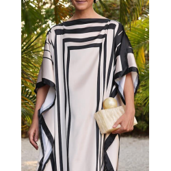 Batwing Sleeves Loose Printed Split-Side Striped Boat Neck Maxi Dresses