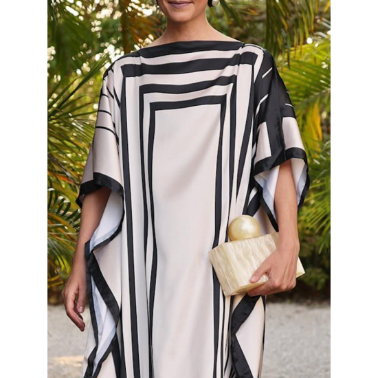 Batwing Sleeves Loose Printed Split-Side Striped Boat Neck Maxi Dresses