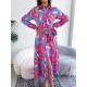 Printed Split-Joint Tied Waist Long Sleeves Loose Lapel Shirt Dress