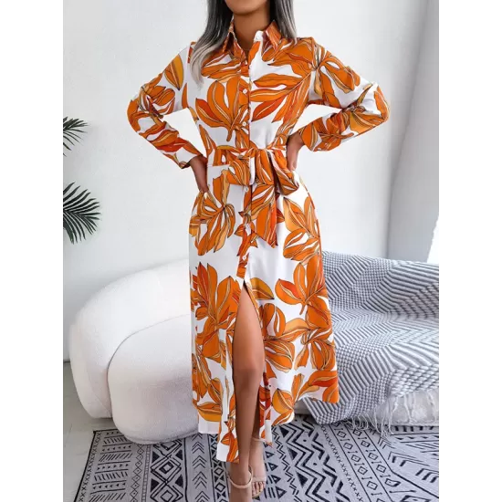 Printed Split-Joint Tied Waist Long Sleeves Loose Lapel Shirt Dress