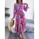 Printed Split-Joint Tied Waist Long Sleeves Loose Lapel Shirt Dress