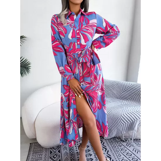 Printed Split-Joint Tied Waist Long Sleeves Loose Lapel Shirt Dress