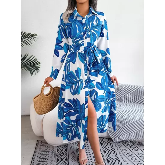 Printed Split-Joint Tied Waist Long Sleeves Loose Lapel Shirt Dress