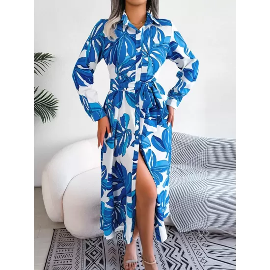 Printed Split-Joint Tied Waist Long Sleeves Loose Lapel Shirt Dress