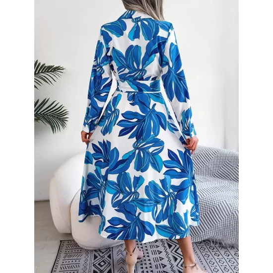 Printed Split-Joint Tied Waist Long Sleeves Loose Lapel Shirt Dress