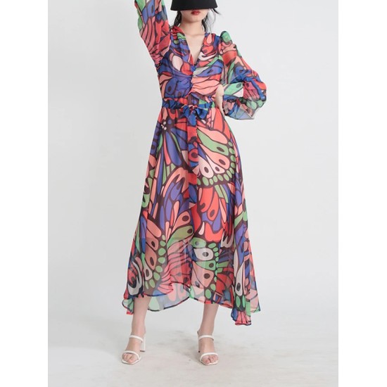 Buttoned Printed Split-Joint High Waisted Long Sleeves V-Neck Midi Dresses