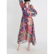 Buttoned Printed Split-Joint High Waisted Long Sleeves V-Neck Midi Dresses