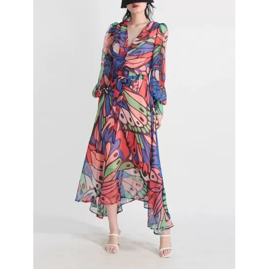 Buttoned Printed Split-Joint High Waisted Long Sleeves V-Neck Midi Dresses