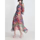 Buttoned Printed Split-Joint High Waisted Long Sleeves V-Neck Midi Dresses