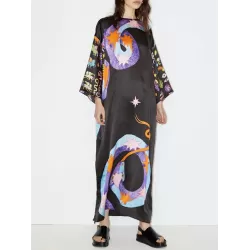 Printed Split-Side A-Line Long Sleeves Round-Neck Maxi Dresses