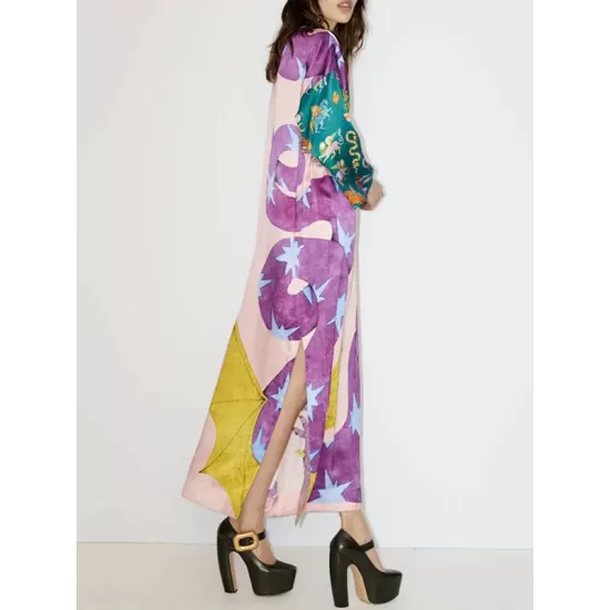 Printed Split-Side A-Line Long Sleeves Round-Neck Maxi Dresses