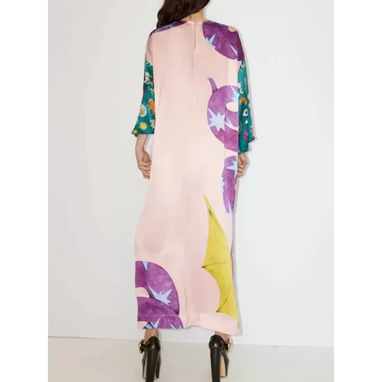 Printed Split-Side A-Line Long Sleeves Round-Neck Maxi Dresses