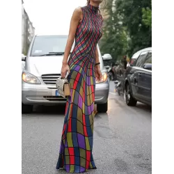 Skinny Sleeveless Contrast Color Plaid Printed High Neck Maxi Dresses