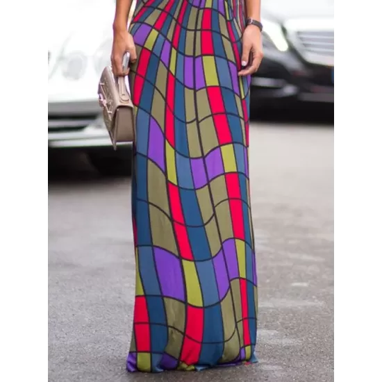 Skinny Sleeveless Contrast Color Plaid Printed High Neck Maxi Dresses