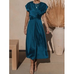 Solid Color Split-Joint Tied Waist Loose Short Sleeves Round-neck Midi Dresses