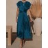 Solid Color Split-Joint Tied Waist Loose Short Sleeves Round-neck Midi Dresses