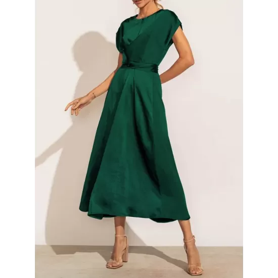 Solid Color Split-Joint Tied Waist Loose Short Sleeves Round-neck Midi Dresses