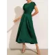 Solid Color Split-Joint Tied Waist Loose Short Sleeves Round-neck Midi Dresses