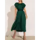 Solid Color Split-Joint Tied Waist Loose Short Sleeves Round-neck Midi Dresses