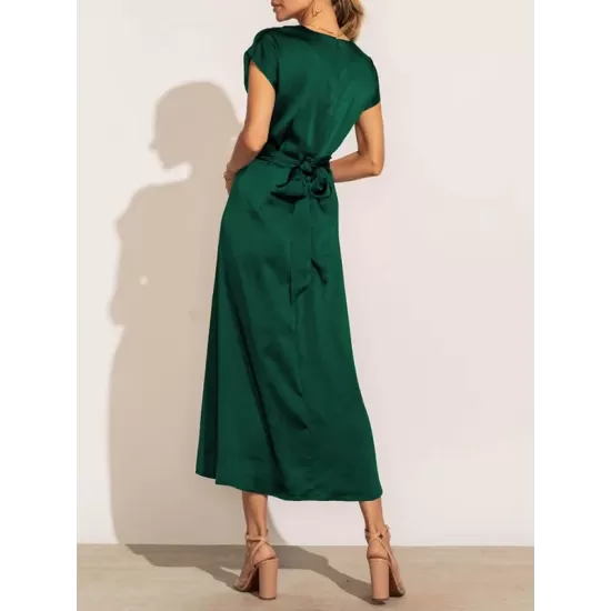 Solid Color Split-Joint Tied Waist Loose Short Sleeves Round-neck Midi Dresses