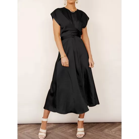 Solid Color Split-Joint Tied Waist Loose Short Sleeves Round-neck Midi Dresses