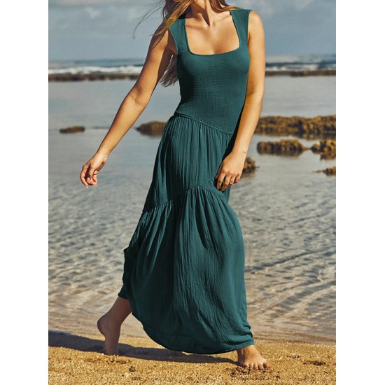 Backless Elasticity Lace-Up Pleated Solid Color Split-Joint Loose Sleeveless Square-Neck Maxi Dresses