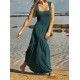 Backless Elasticity Lace-Up Pleated Solid Color Split-Joint Loose Sleeveless Square-Neck Maxi Dresses