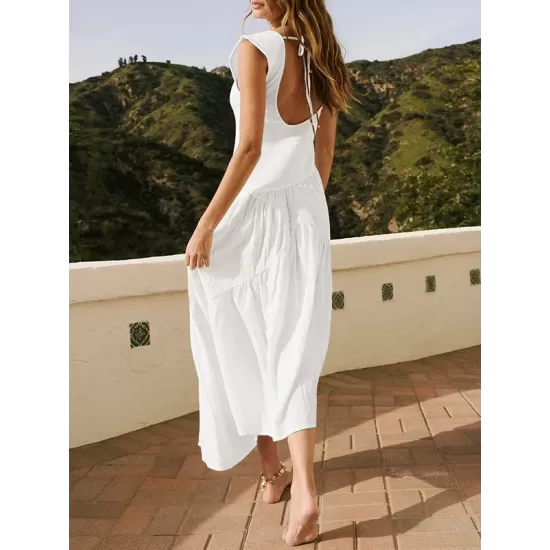 Backless Elasticity Lace-Up Pleated Solid Color Split-Joint Loose Sleeveless Square-Neck Maxi Dresses