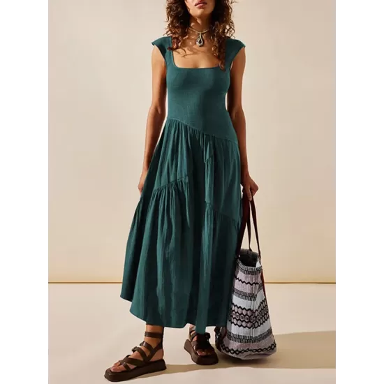 Backless Elasticity Lace-Up Pleated Solid Color Split-Joint Loose Sleeveless Square-Neck Maxi Dresses